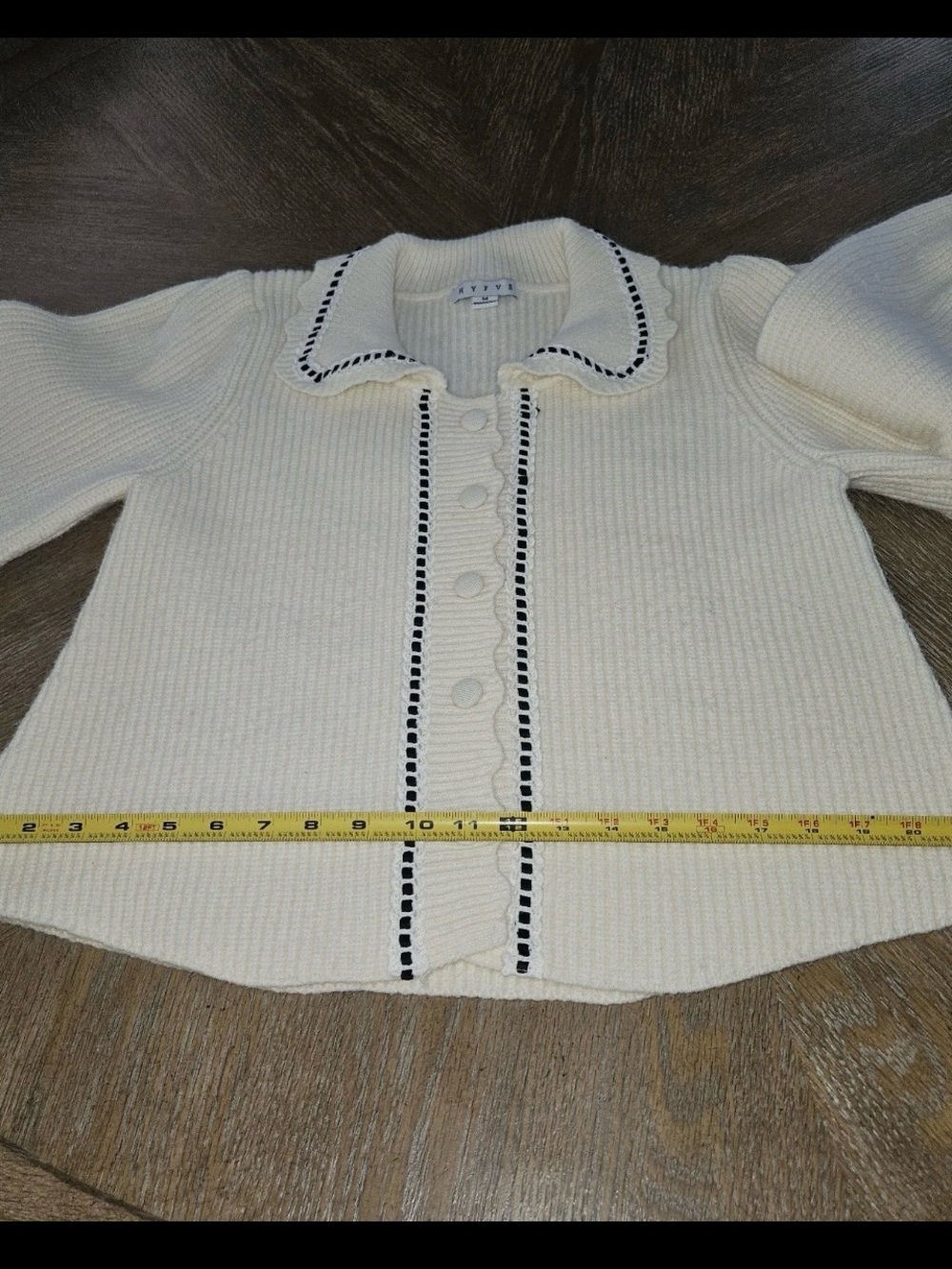 HYFVE Coquette Cream ribbed Cardigan Contrast Trim Peter Pan Collar Sweater M - Picture 8 of 16